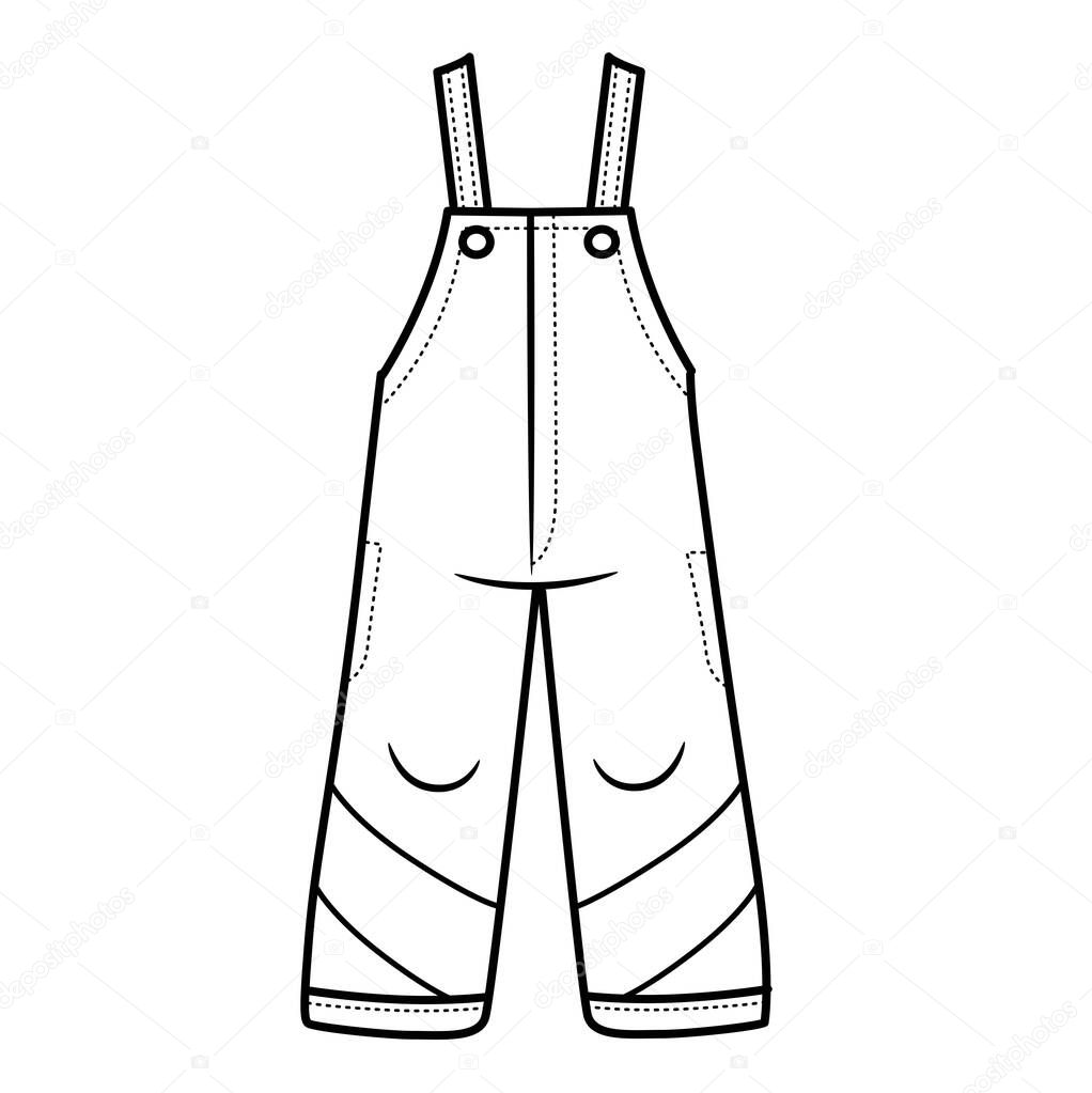 Winter insulated pants with straps for boy outline for coloring on a white background