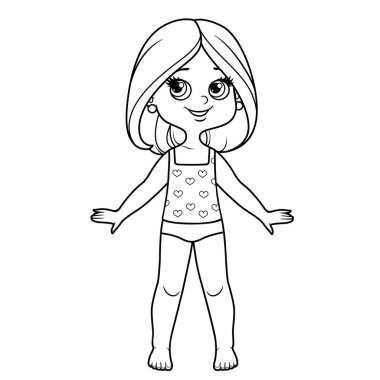 İç çamaşırı giymiş, çıplak ayaklı, beyaz bir arkaplanı boyamak için kısa saçlı tatlı bir çizgi film kızı.