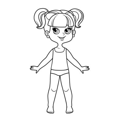 Cute cartoon girl dressed in underwear and barefoot with hairstyle two ponytails outline for coloring on a white background vector Cute cartoon girl dressed in underwear and barefoot with hairstyle two ponytails outline for coloring on a white background vector