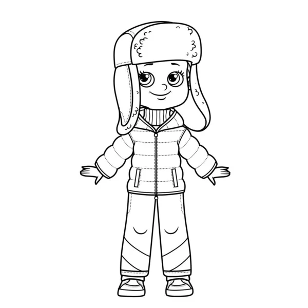 冬の絶縁スーツと白い背景に着色のための毛皮の輪郭を持つ耳フラップ付きの帽子でかわいい漫画の少年 — ストックベクタ