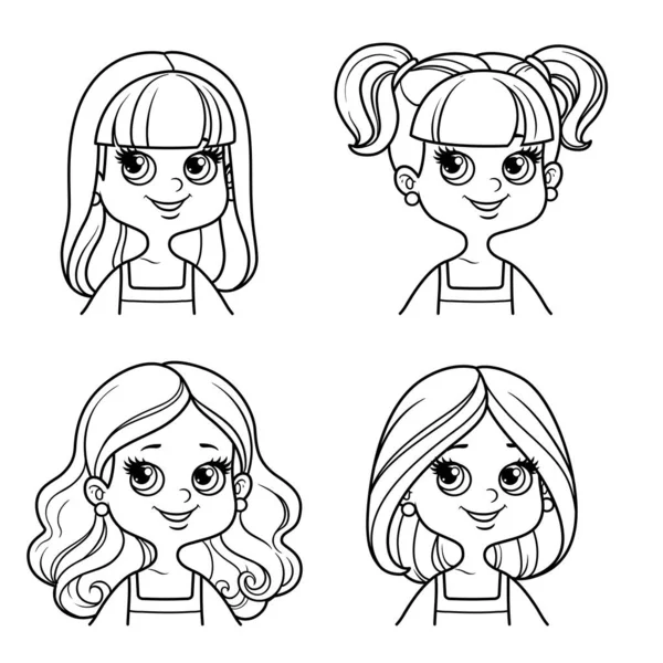 Bonito Desenho Animado Girlfour Penteado Opções Esboço Para Colorir Fundo — Vetor de Stock