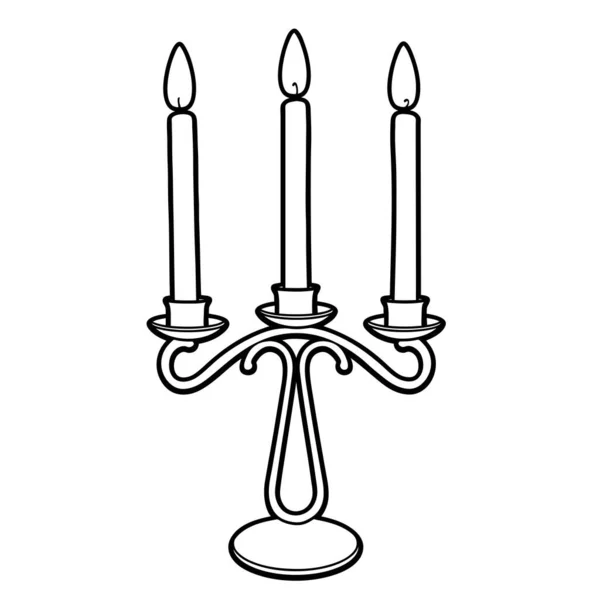 Old Candelabrum Three Candles Contour Object Coloring White Background — Stock Vector