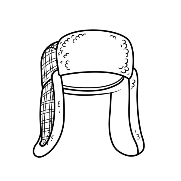 冬の暖かい帽子でチェック柄付き耳フラップ付き毛皮のユニセックスアウトライン白の背景に着色のための — ストックベクタ