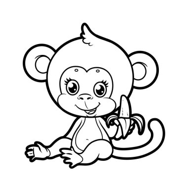 Beyaz arkaplanı renklendirmek için çizilmiş muzlu, gülümseyen şirin maymun.