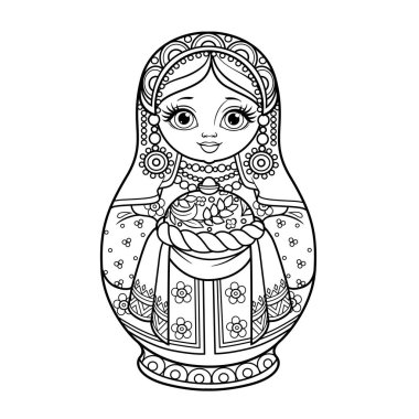 Geleneksel Rus Yuva Bebeği Matrioshka, beyaz arkaplanı boyamak için tuz kaplamalı somun ekmek.