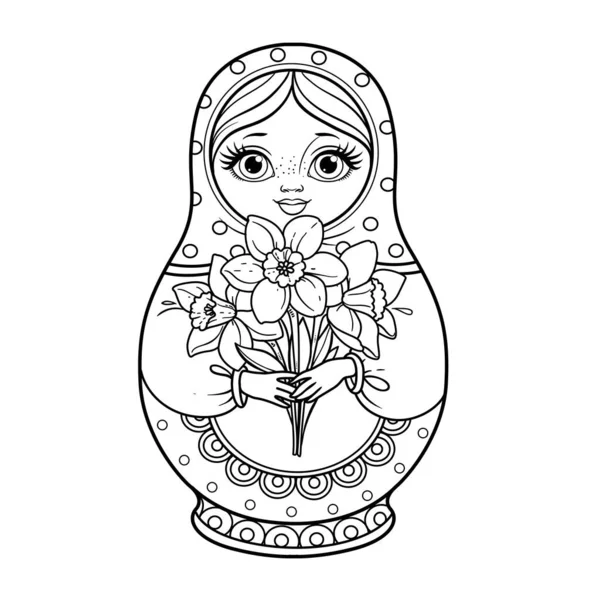 Russian Traditional Nest Doll Matrioshka Bouquet Daffodils Hand Outline Coloring — Stock Vector