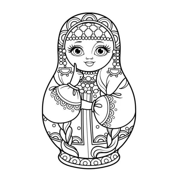 Russian Traditional Nest Doll Matrioshka Smart Kokoshnik Outline Coloring White — Stock Vector