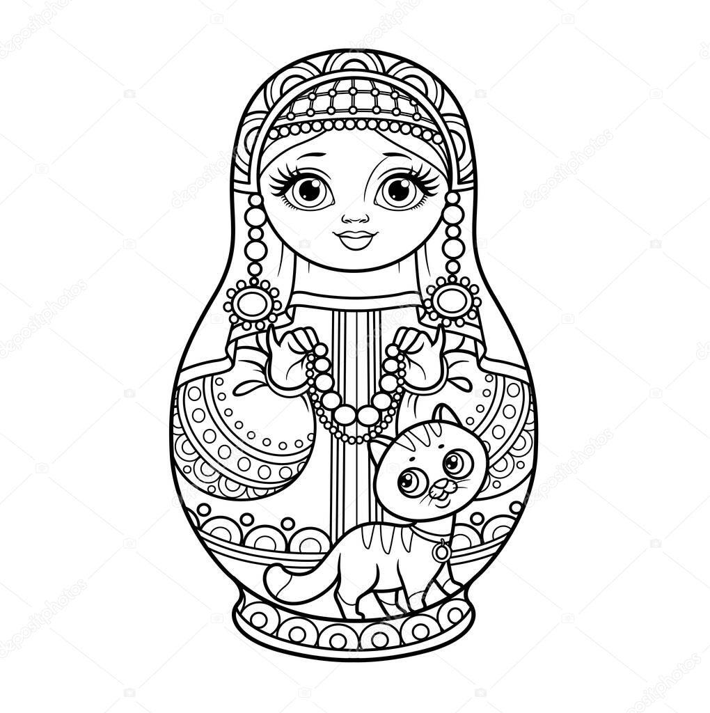 Russian traditional nest doll Matrioshka in a kokoshnik with cat and beads outline for coloring on a white background