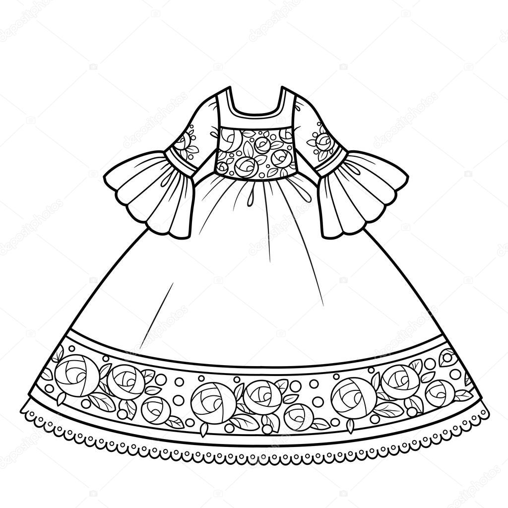 Ball gown with lush skirt and rose embroidery for princess outfit outline for coloring on a white background