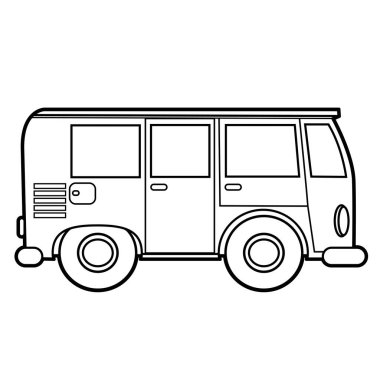 Beyaz arkaplandaki renklendirme için özetlenmiş karikatür retro minibüsü