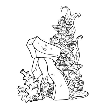 Yosun, sünger ve mercanlar, beyaz arkaplanda izole edilmiş, şekillendirilmiş bir taş boyama kitabında yetişir.