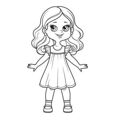 Yazın beyaz arka planda boyama için çizilmiş güzel bir karikatür kızı.