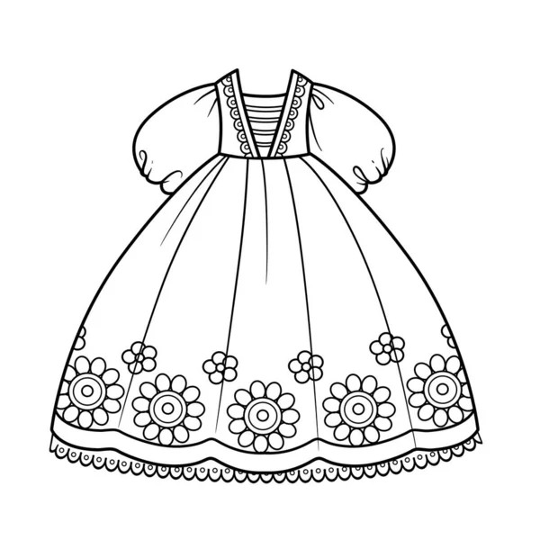 スカート刺繍の花と白い背景に着色のための姫の衣装アウトラインのためのふわふわの袖とボールガウン — ストックベクタ