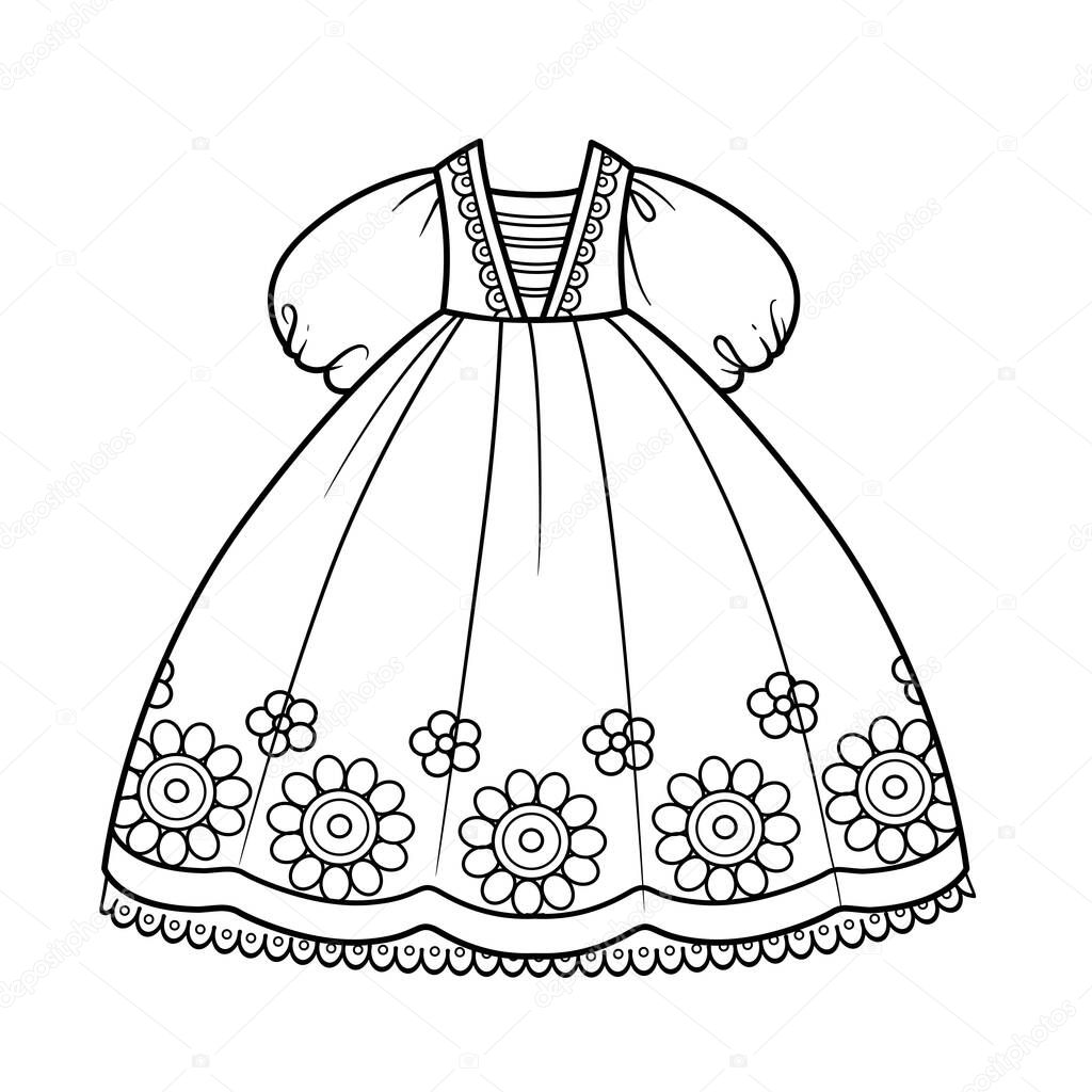 Ball gown with skirt embroidered flowers and puffy sleeves for princess outfit outline for coloring on a white background