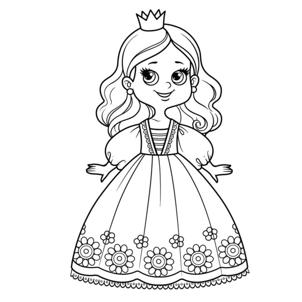 Schattig Cartoon Prinses Meisje Weelderige Bal Toga Kleine Kroon Omtrek — Stockvector