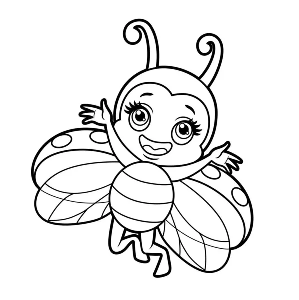 Cute Cartoon Little Ladybug Flying Outlined Coloring Page Isolated White — Stock Vector