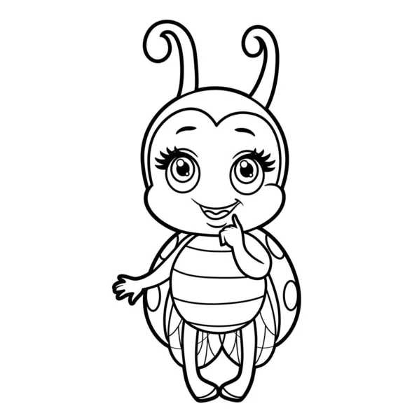 Cute Cartoon Little Ladybug Stand Outline Coloring Page Isolated White — Stock Vector