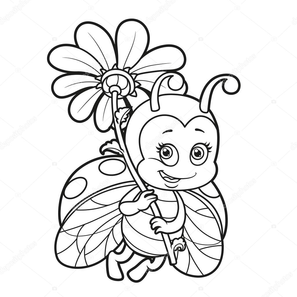 Cute cartoon ladybug fly with big flower outlined for coloring page isolated on white background