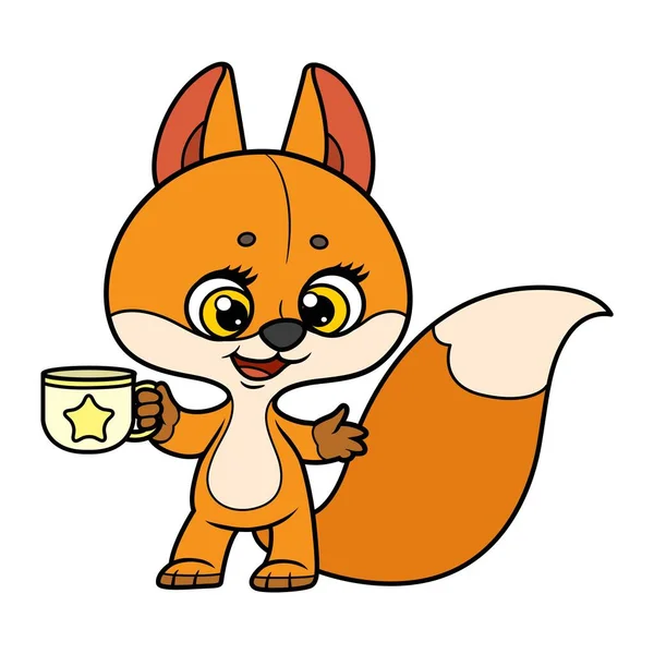 Cute Cartoon Baby Fox Holding Cup Pawscolor Variation Coloring Page — Stock Vector