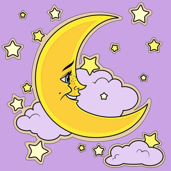 Desenhos Animados Bonitos Lua Sorridente Com Nuvens Variação Cor Para — Vetor de Stock