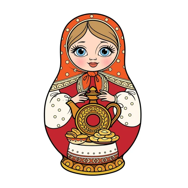 Русские Традиционные Гнезда Куклы Matrioshka Глиняной Посудой Кувшин Квас Пироги — стоковый вектор