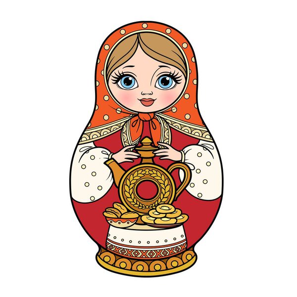 Русские традиционные гнезда куклы Matrioshka с глиняной посудой кувшин для квас и пироги цветовой вариации для раскраски страницы изолированы на белом фоне