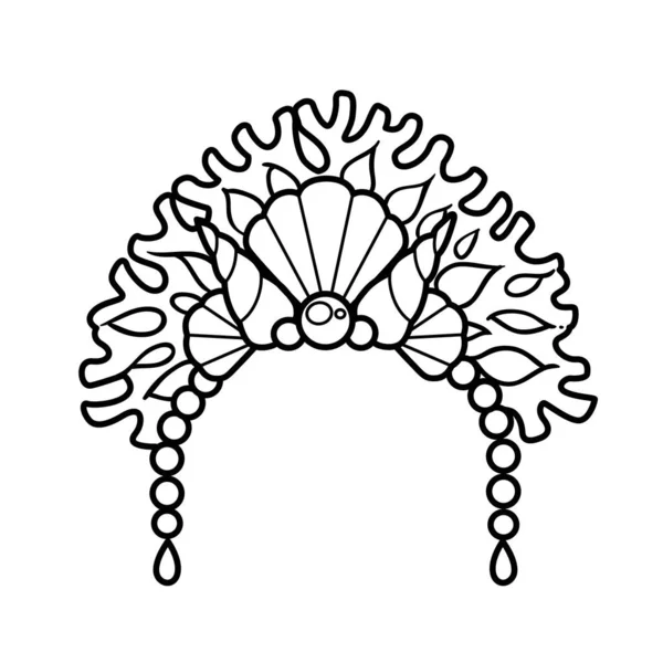 Tiara Princesa Del Mar Coral Perlas Dibujo Lineal Para Colorear — Vector de stock