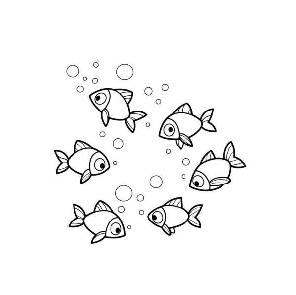 Flock Small Sea Fish Outline Coloring White Background — Stock Vector
