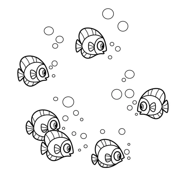 Flock Cute Sea Fish Outlined Coloring Page Isolated White Background — Stock Vector