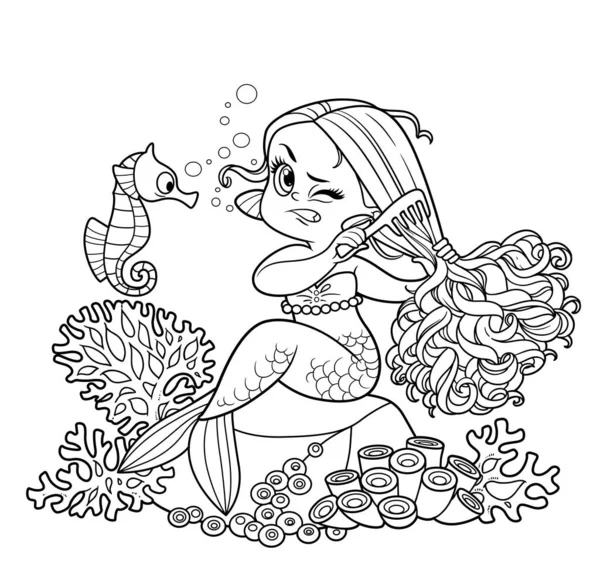 Niedliche Kleine Meerjungfrau Mädchen Sitzt Auf Einem Stein Und Kämmt — Stockvektor