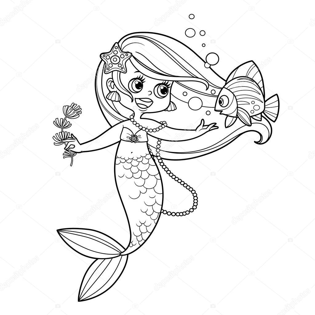 Cute little mermaid girl with seaweed in hand speaks with fish outlined for coloring page isolated on white background