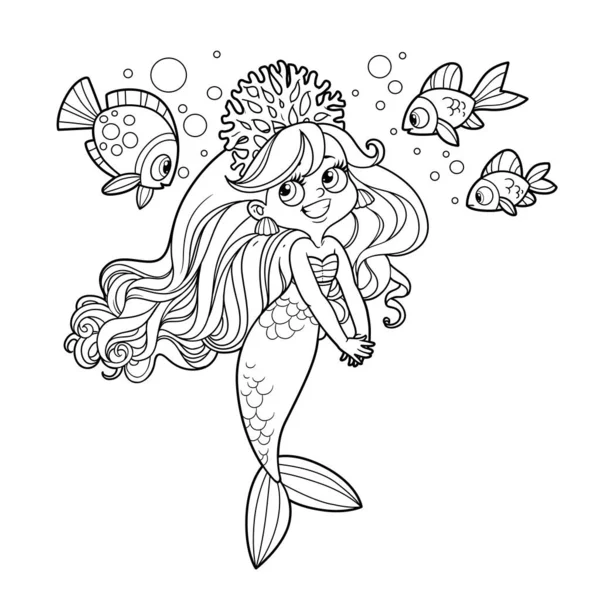 Niedliche Kokette Meerjungfrau Mädchen Korallen Tiara Spricht Mit Fisch Umrissen — Stockvektor