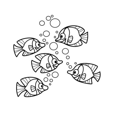 Beyaz arkaplanda izole edilmiş şirin karikatür balık boyama kitabı doğrusal çizimi