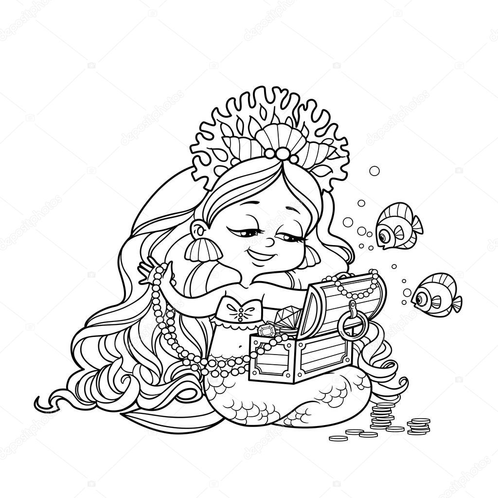 Cute little mermaid girl in coral tiara sits on its tail and goes through the treasures in the chest outlined for coloring page isolated on white background