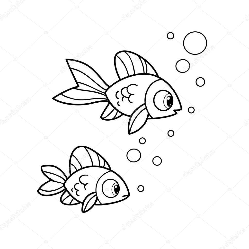 Cute cartoon two sea fishes outlined for coloring page isolated on white background
