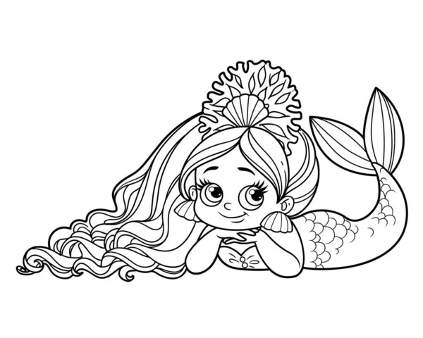 Cute Coquettish Mermaid Girl Coral Tiara Lies White Background Outlined — Stock Vector