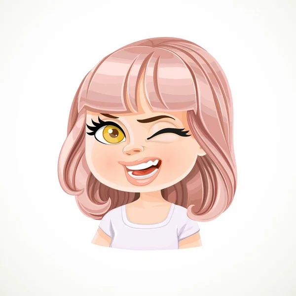 Beautiful Cheerily Wink Cartoon Girl Powdery Pink Bob Haircut Bangs — Stock Vector