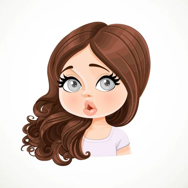 Beautiful Surprised Smiling Cartoon Brunette Girl Hair Shifted Shoulder Portrait — Stock Vector