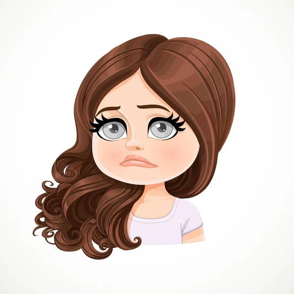 Beautiful Upset Sad Cartoon Brunette Girl Hair Shifted Shoulder Portrait — Stock Vector