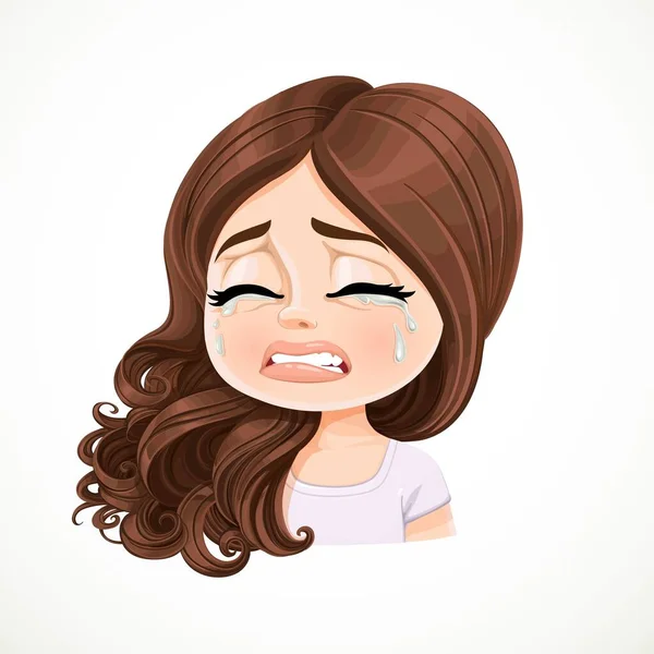 Beautiful Inconsolably Crying Cartoon Brunette Girl Hair Shifted Shoulder Portrait — Stock Vector