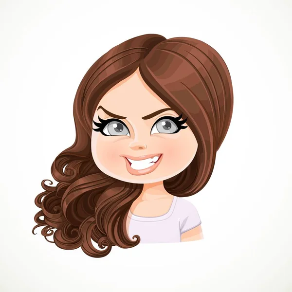 Beautiful Insidious Cartoon Brunette Girl Hair Shifted Shoulder Portrait Isolated — Stock Vector