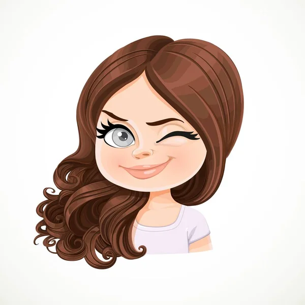 Beautiful Cheerily Wink Cartoon Brunette Girl Hair Shifted Shoulder Portrait — Stock Vector