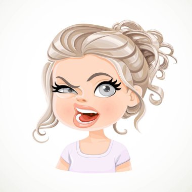 Güzel agresif çizgi film. İnci sarısı, uzun dalgalı saçlı, beyaz arka planda izole edilmiş bir portre.