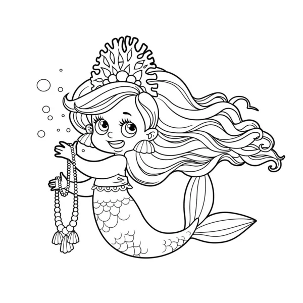 Niedliche Kleine Meerjungfrau Mädchen Korallen Diadem Halten Eine Lange Perlenkette — Stockvektor