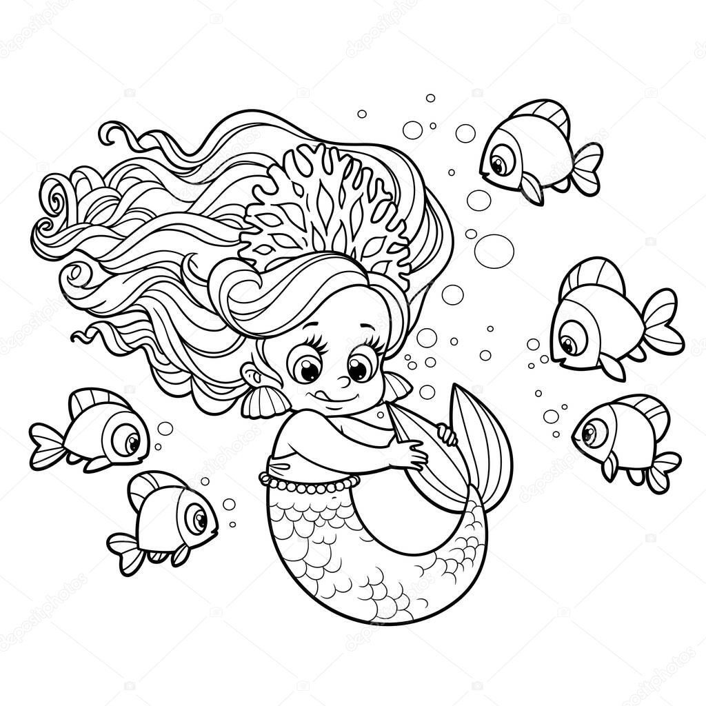 Cute little mermaid girl in coral tiara playing with her tail outlined for coloring page isolated on white background