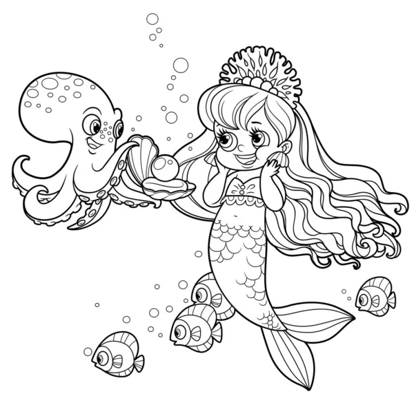 Cartoon Galantní Chobotnice Dává Mořská Panna Princezna Perlu Skořápce Obrysu — Stockový vektor