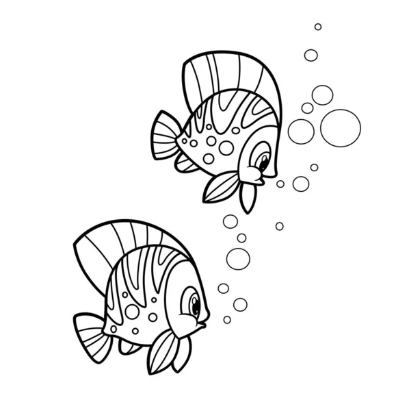 Cute Cartoon Fun Big Sea Fishes Coloring Book Linear Drawing — Stock Vector