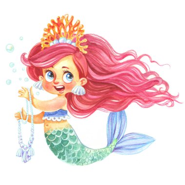 Mercan tacı takmış şirin küçük deniz kızı beyaz arka planda izole edilmiş uzun inci bir suluboya kolye tutuyor.