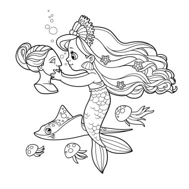 Mercan tacı takmış şirin küçük deniz kızı beyaz arka planda izole edilmiş renkli sayfa için özetlenmiş heykel büstünün başını dikkatle inceliyor.