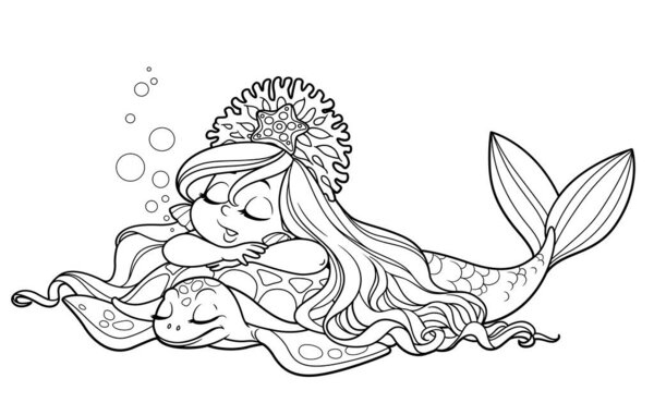 Cute little mermaid girl in coral tiara sleeping sweetly on the back of a sea turtle outlined for coloring page isolated on white background
